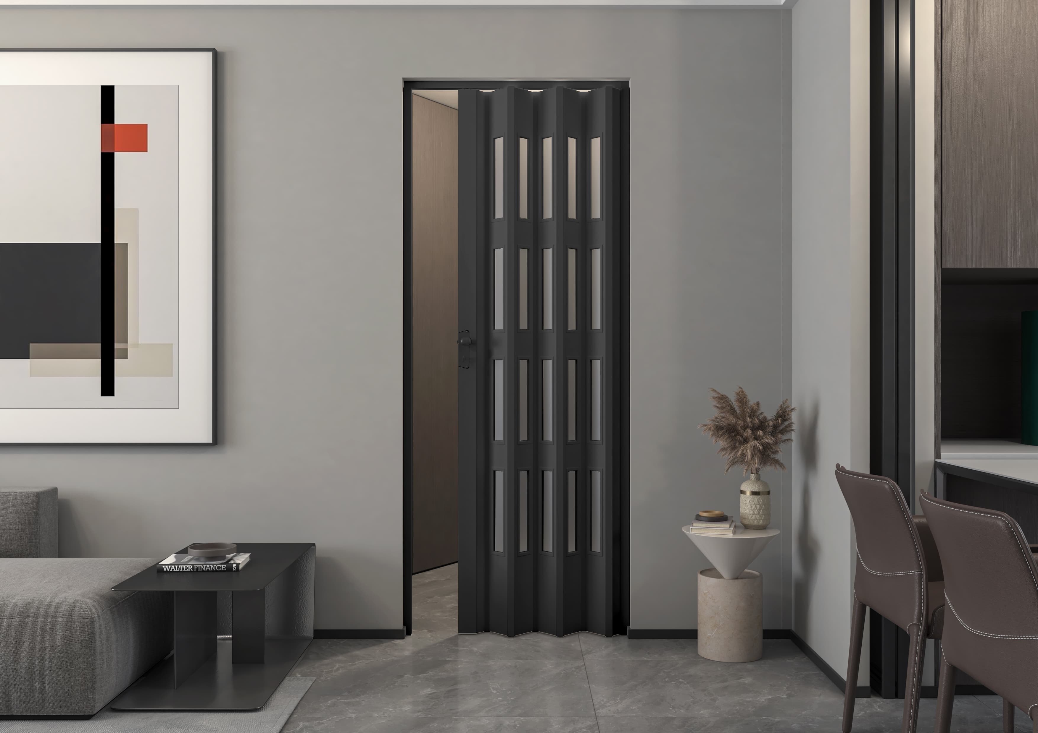 Meubel bij klanten thuis: Zwarte vouwdeur glas Yara Groot